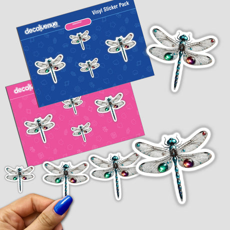 Dragonfly Gemstones and Jewels stickers featuring intricate dragonfly designs with colorful wings and gem details, showcased in a close-up of a hand and individual stickers.