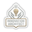 Innovation Architect – RPG-Style Skill Badge features a gold and silver futuristic shield design, available as vinyl stickers or digital artwork, reflecting Decal Venue's unique style.