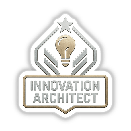 Innovation Architect – RPG-Style Skill Badge features a gold and silver futuristic shield design, available as vinyl stickers or digital artwork, reflecting Decal Venue's unique style.