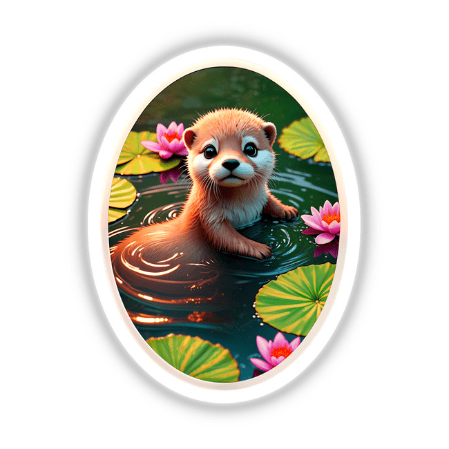 Cute Otter In The Water sticker or digital artwork depicting a cartoon otter playfully floating in a pond among lily pads and flowers, perfect for adding charm to your collection.