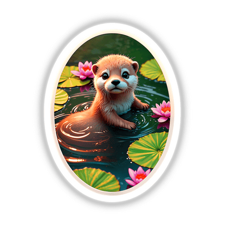 Cute Otter In The Water sticker or digital artwork depicting a cartoon otter playfully floating in a pond among lily pads and flowers, perfect for adding charm to your collection.