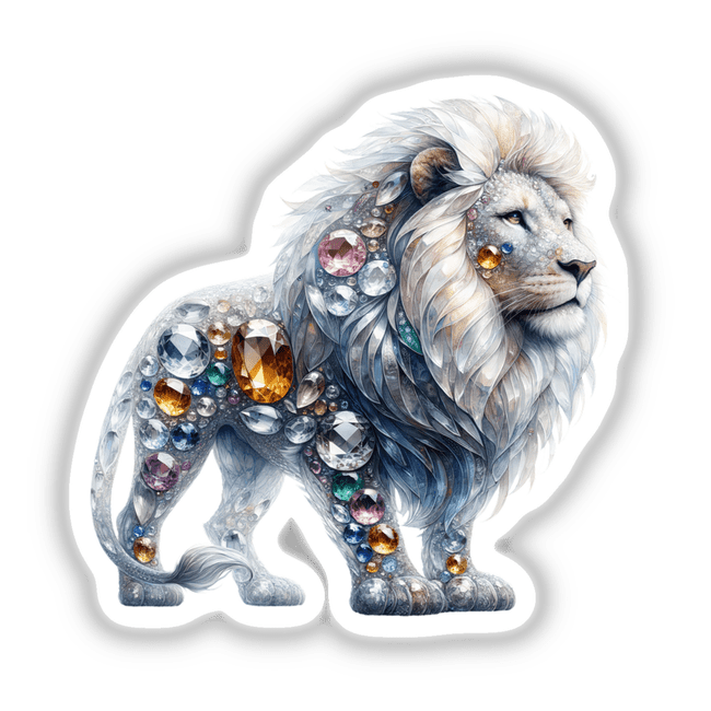 Lion Jewels and Gemstones: A detailed illustration of a lion adorned with various gems, available as stickers or digital artwork.