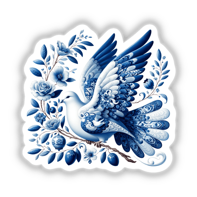 Chinoiserie Dove with Olive Branch sticker or digital artwork, featuring intricate blue and white patterns of a dove among flowers and leaves, embodying the elegance of Decal Venue's unique art offerings.