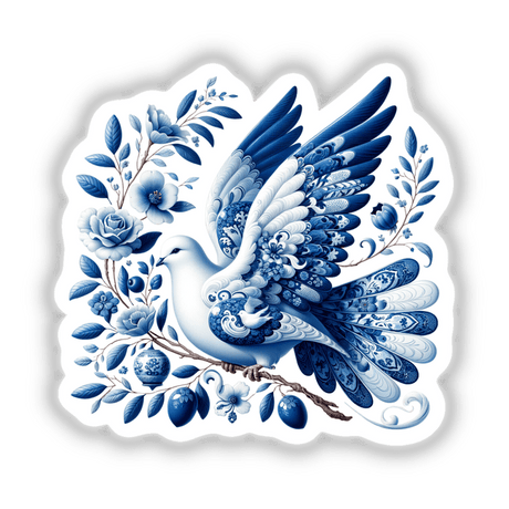 Chinoiserie Dove with Olive Branch sticker or digital artwork, featuring intricate blue and white patterns of a dove among flowers and leaves, embodying the elegance of Decal Venue's unique art offerings.