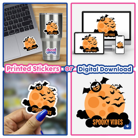 Collage showcasing 'Spooky Vibes' stickers and digital art, featuring a laptop adorned with themed decals, a moon with bats, and close-ups of sticker details, highlighting unique, artistic designs.
