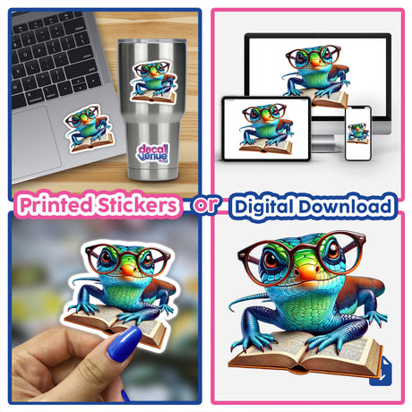 Sticker featuring a skink lizard with reading glasses and an open book, available as a vibrant digital artwork or vinyl decal.