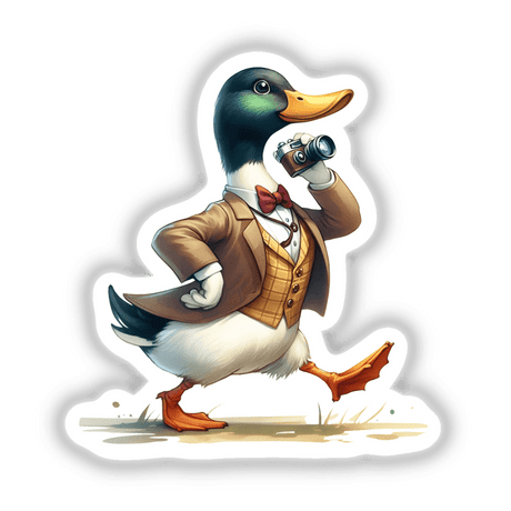 Mallard Duck Camera Man - Whimsical digital artwork featuring a duck-shaped character in a suit holding a camera, surrounded by a white background.
