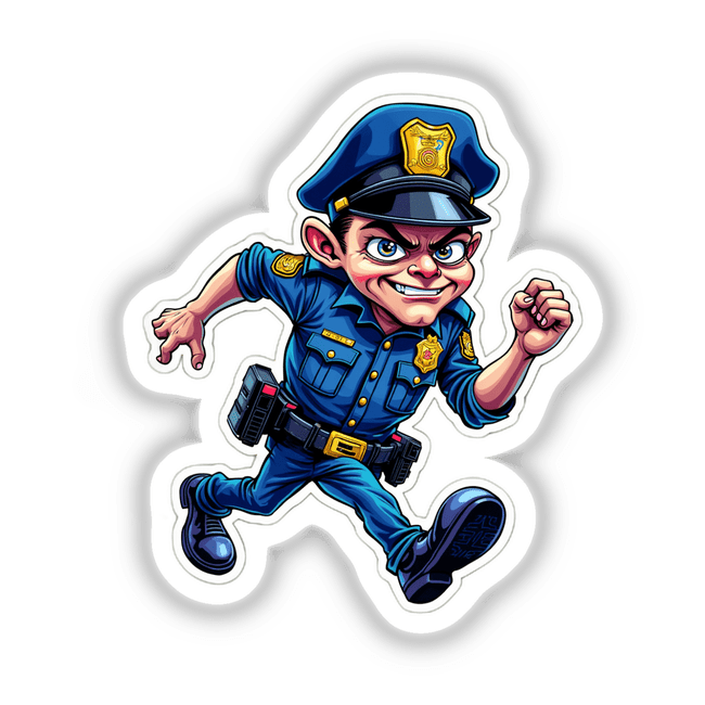 Policial Correndo: A cartoon of a police officer running, available as stickers or digital artwork.
