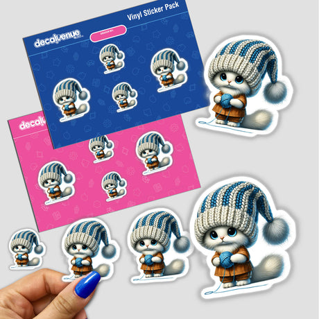 Adorable ragdoll cat gnome holding ball of yarn sticker pack from DecalVenue, a digital art and sticker store. The image shows a variety of cute and whimsical stickers featuring the gnome character in different poses.