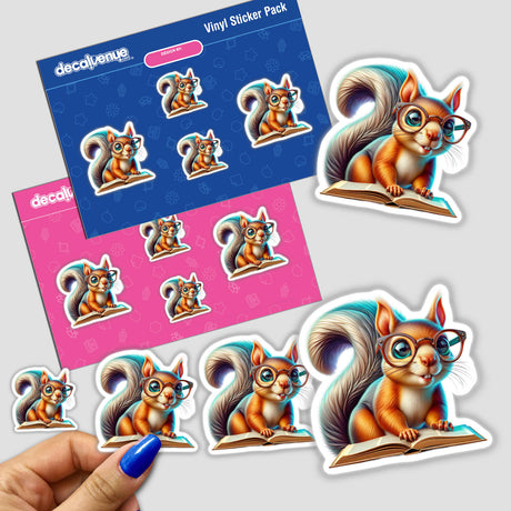 Squirrel With Reading Glasses Open Book sticker, featuring a cartoon squirrel donning glasses and engrossed in a book. Available as a vinyl decal or digital artwork from Decal Venue.