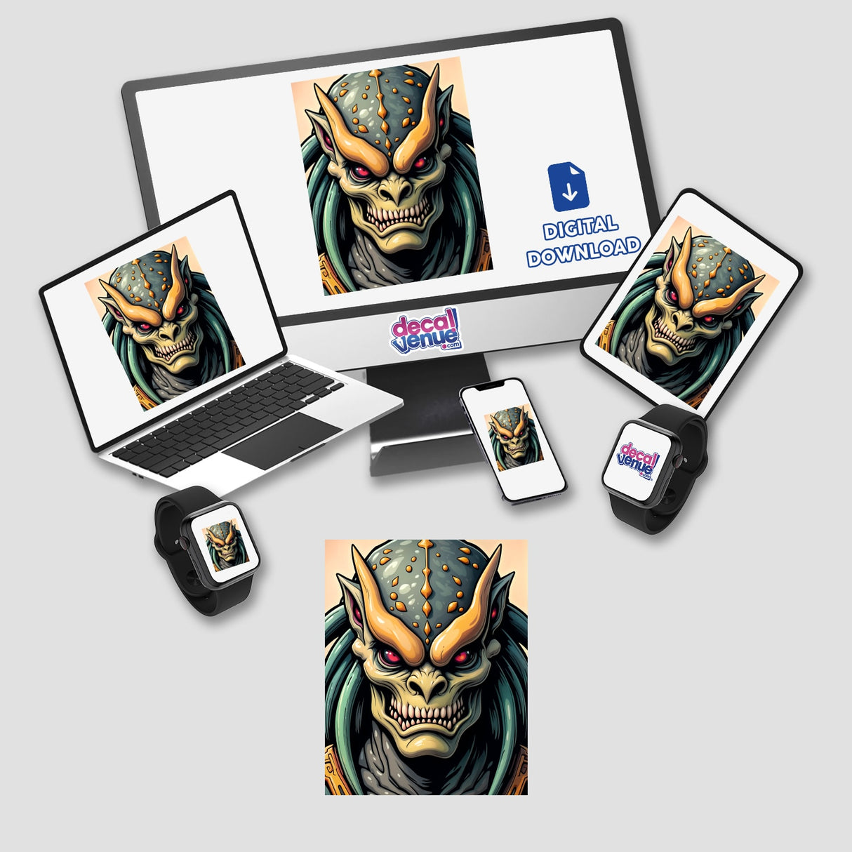 A Cool Alien Predator Soldier cartoon displayed on a computer monitor, laptop, and tablet, available as stickers or digital artwork, emphasizing Decal Venue's unique vinyl stickers and digital art offerings.