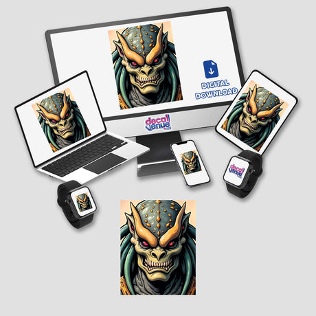 A Cool Alien Predator Soldier cartoon displayed on a computer monitor, laptop, and tablet, available as stickers or digital artwork, emphasizing Decal Venue's unique vinyl stickers and digital art offerings.