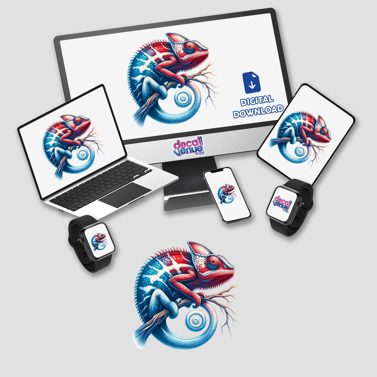 Chameleon on Branch Red White and Blue