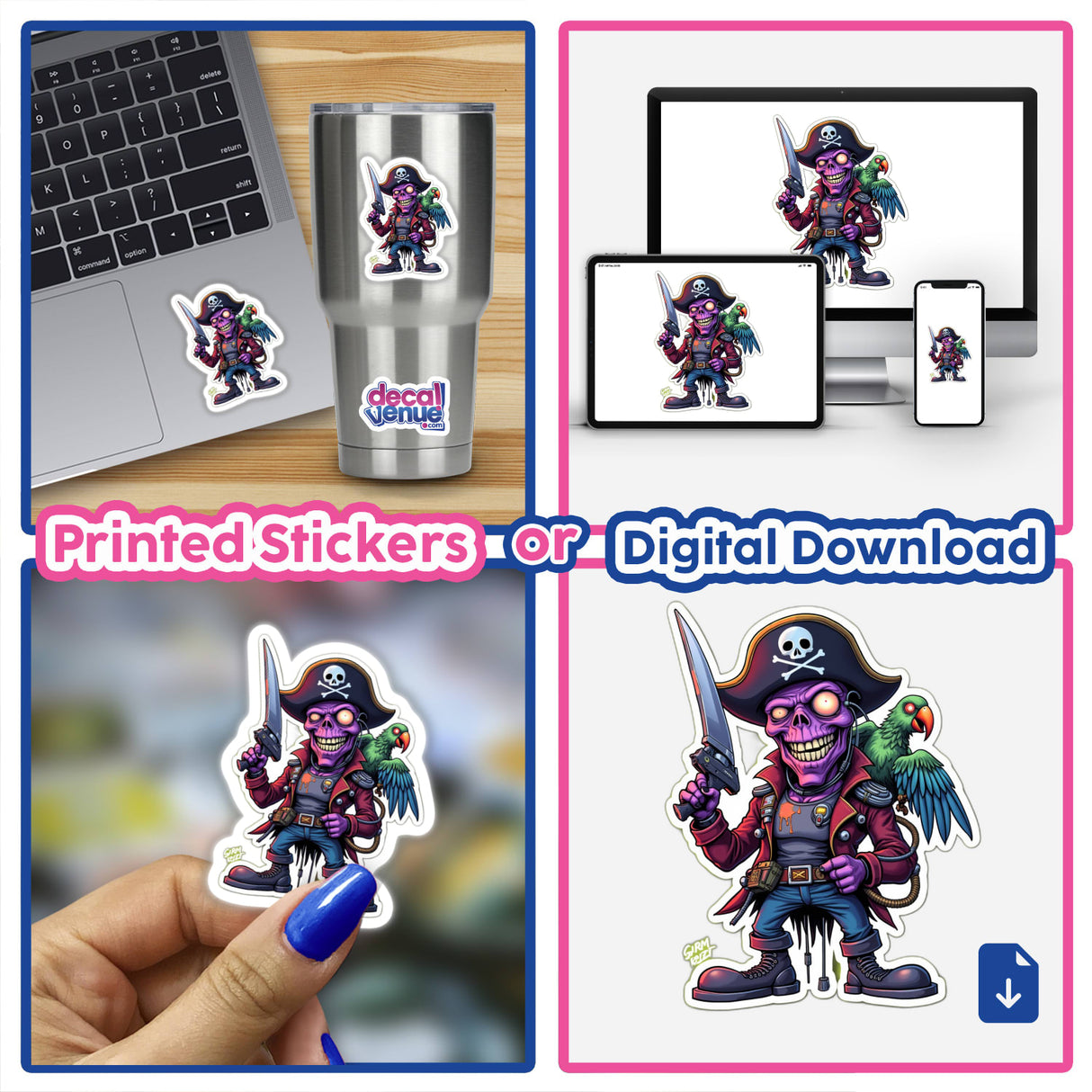 Pirata Caveira: A cartoon pirate with a parrot on his shoulder, available as stickers or digital artwork.