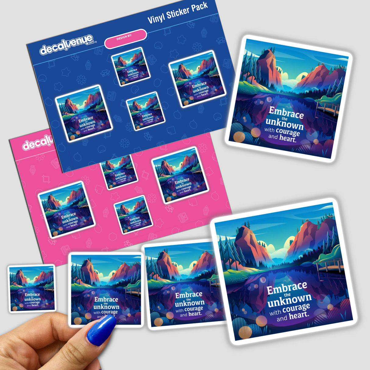 Hand holding vinyl stickers titled Embrace the unknown with courage and heart, featuring landscapes with mountains and trees, available as stickers or digital artwork from Decal Venue.