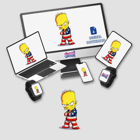 Funny cartoon character with an American flag outfit displayed on a computer monitor and laptop screen, available as stickers or digital artwork from Decal Venue.