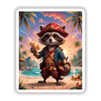Cute Fantasy Raccoon Pirate cartoon holding a basket of gold coins, available as stickers or digital artwork from Decal Venue.