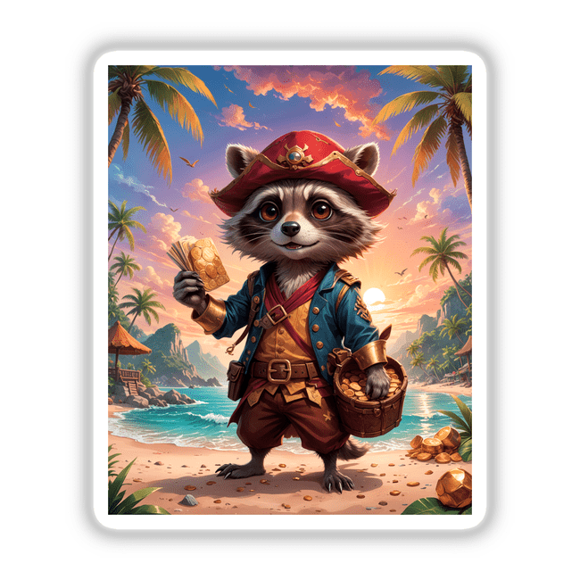 Cute Fantasy Raccoon Pirate cartoon holding a basket of gold coins, available as stickers or digital artwork from Decal Venue.