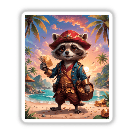Cute Fantasy Raccoon Pirate cartoon holding a basket of gold coins, available as stickers or digital artwork from Decal Venue.