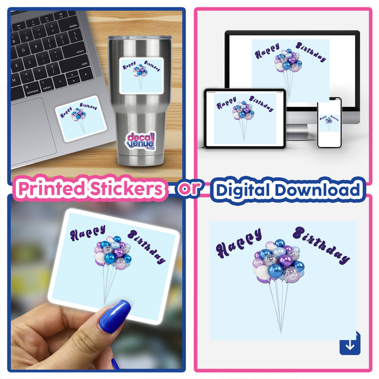 Colorful bunch of balloons with string on blue background - digital birthday artwork available as printed stickers or digital download from Decal Venue store.