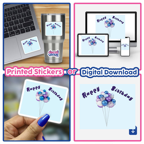 Colorful bunch of balloons with string on blue background - digital birthday artwork available as printed stickers or digital download from Decal Venue store.