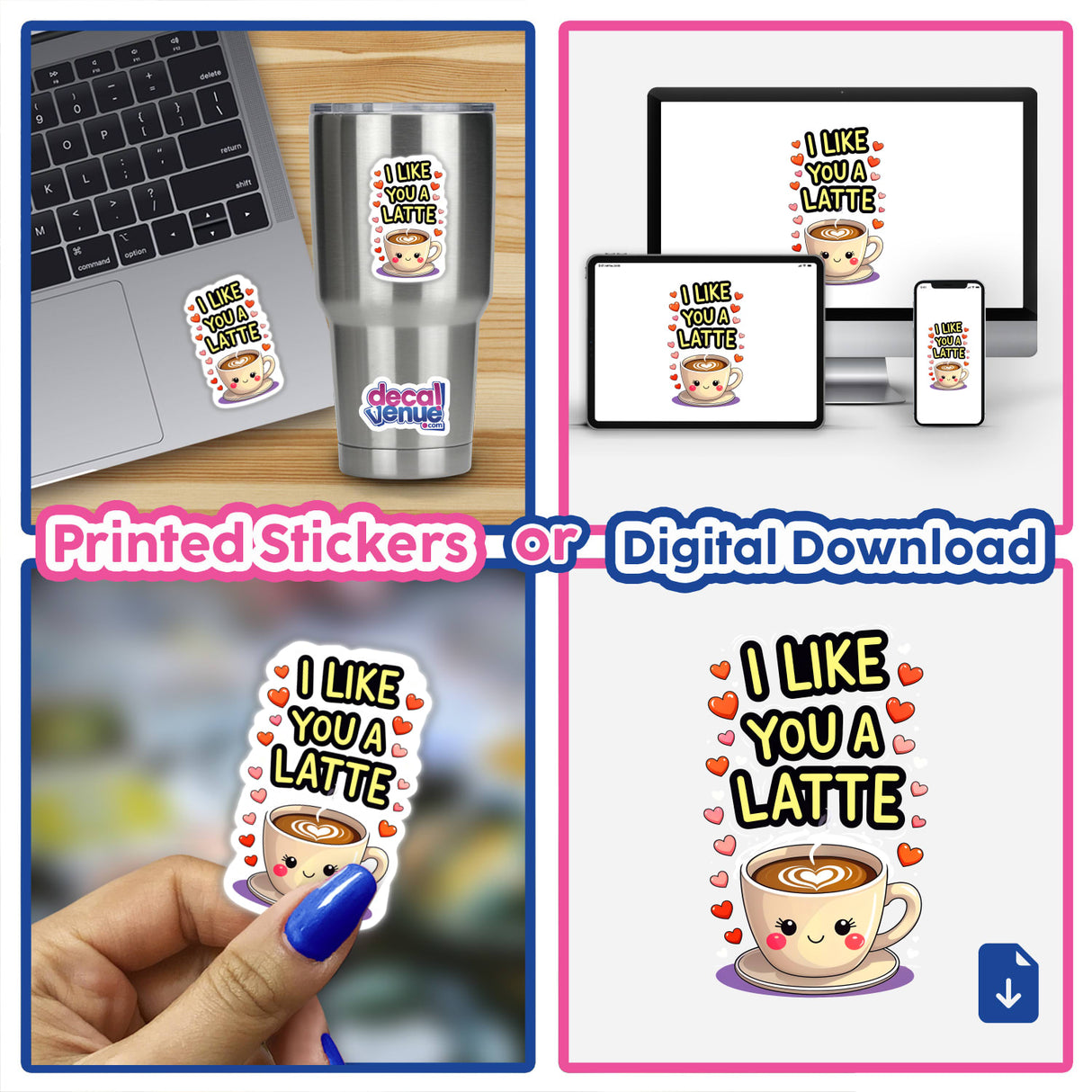 I Like You A Latte Funny Love Quote sticker displayed on a laptop, featuring a cartoon coffee cup with heart-shaped foam, exemplifying Decal Venue's unique vinyl sticker collection.