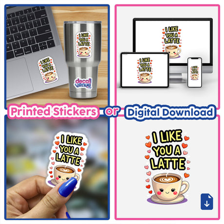 I Like You A Latte Funny Love Quote sticker displayed on a laptop, featuring a cartoon coffee cup with heart-shaped foam, exemplifying Decal Venue's unique vinyl sticker collection.