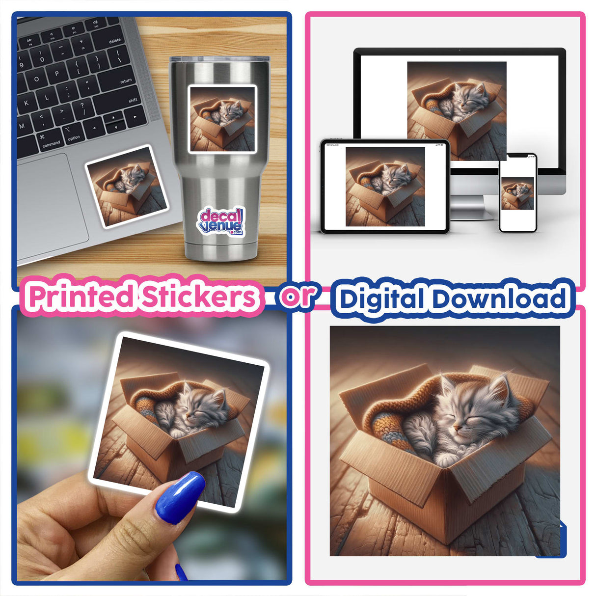 Kitten in Cozy Cardboard Box: A collage featuring a cat nestled in various boxes, available as stickers or digital artwork from Decal Venue.