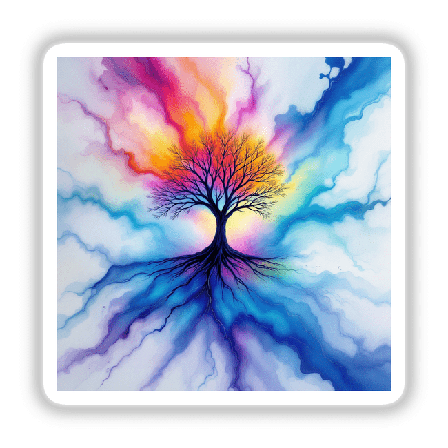 Tree Alcohol Ink Design depicting a vibrant tree with intricate roots and colorful clouds, available as stickers or digital artwork. Perfect for enhancing your space with unique, artistic flair from Decal Venue.
