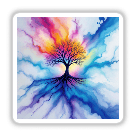 Tree Alcohol Ink Design depicting a vibrant tree with intricate roots and colorful clouds, available as stickers or digital artwork. Perfect for enhancing your space with unique, artistic flair from Decal Venue.