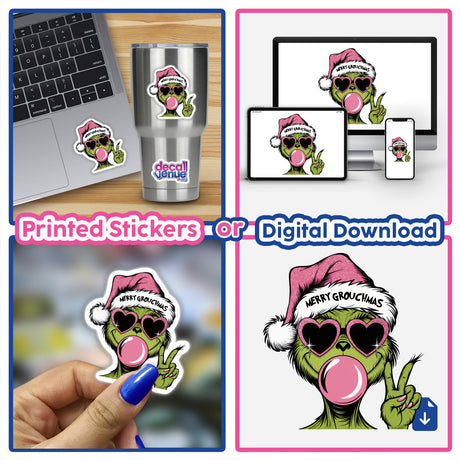 Santa Pink Bubblegum Merry Green Grouchmas sticker featuring a green alien cartoon character with sunglasses, a hat, and a bubblegum, perfect for laptops or digital artwork.