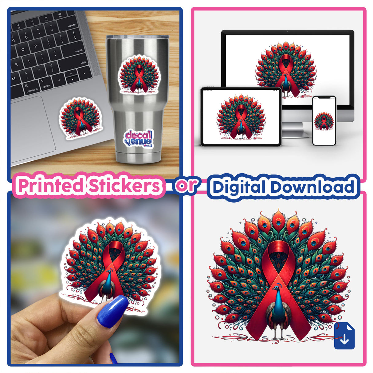 Peacock Red Ribbon AIDS Awareness stickers and digital artwork, featuring a peacock with a red ribbon design, showcased on laptops and mobile devices, highlighting unique vinyl art from Decal Venue.