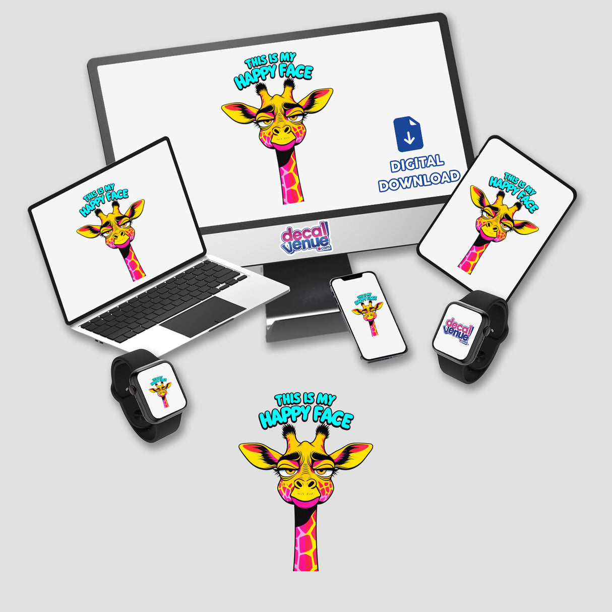 This Is My Happy Face Cute Grumpy Giraffe displayed on a computer monitor and laptop, showcasing its cartoon design, available as unique stickers or digital artwork from Decal Venue.
