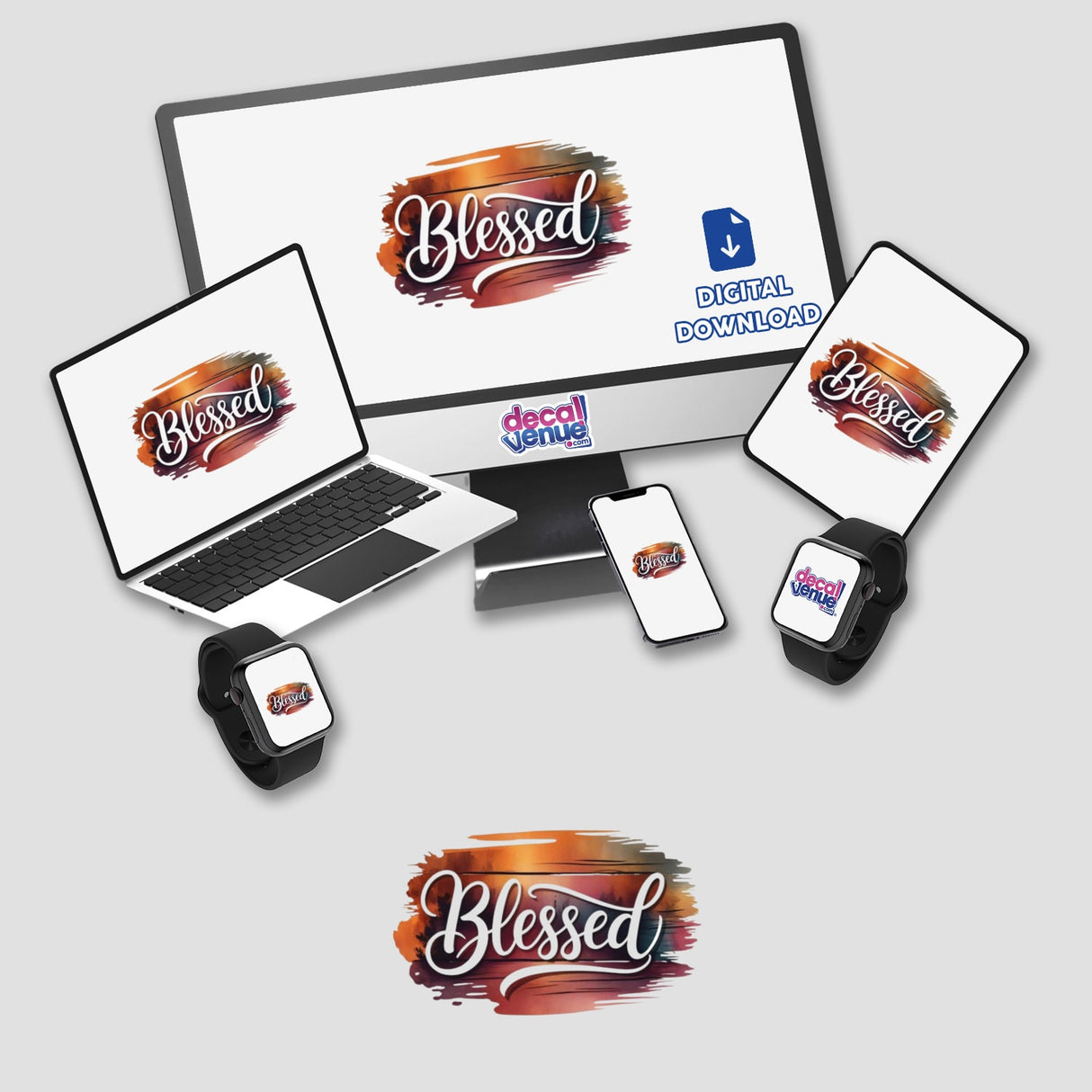 Fall Aesthetic Blessed Clipart – Download with Commercial Use and Sticker Option, showcasing a computer monitor, laptop, tablet, and smartwatch displaying the fall-themed digital artwork.