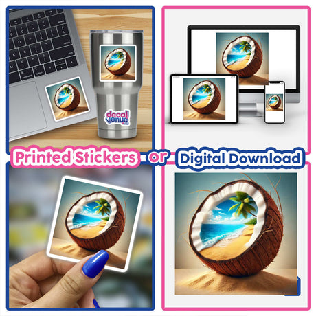 Tropical Escape Beach Paradise Inside a Coconut sticker on a laptop, depicting a serene beach scene with a palm tree inside a coconut.