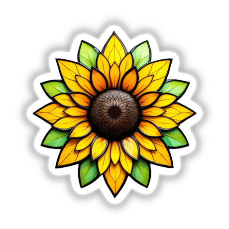Sunflower Stained Glass Style sticker or digital art, featuring a detailed close-up of a sunflower with green leaves, capturing the essence of its unique and intricate design.