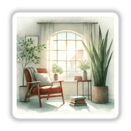 Quiet Reading Nook - Cozy Boho Watercolor Interior featuring a chair with a pillow and blanket, surrounded by potted plants and books, available as stickers or digital artwork.