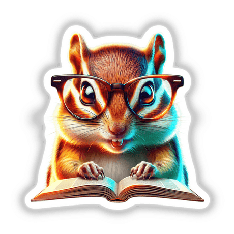 Chipmunk With Reading Glasses Open Book: A cartoon chipmunk wearing glasses, intently reading an open book, available as unique vinyl stickers or digital artwork from Decal Venue.