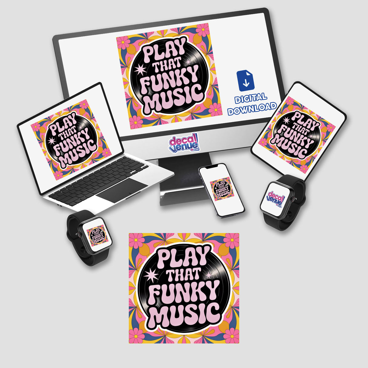 Play That Funky Music sticker and digital art collection featuring a colorful, funk-inspired design. Ideal for decorating laptops and more, reflecting Decal Venue's unique vinyl stickers and digital art offerings.