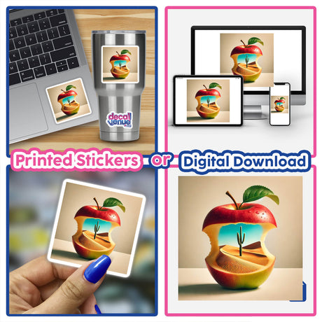 Collage of Desert Mirage Sandy Dunes Inside an Apple featuring apples with desert and cactus landscapes, available as stickers or digital artwork.