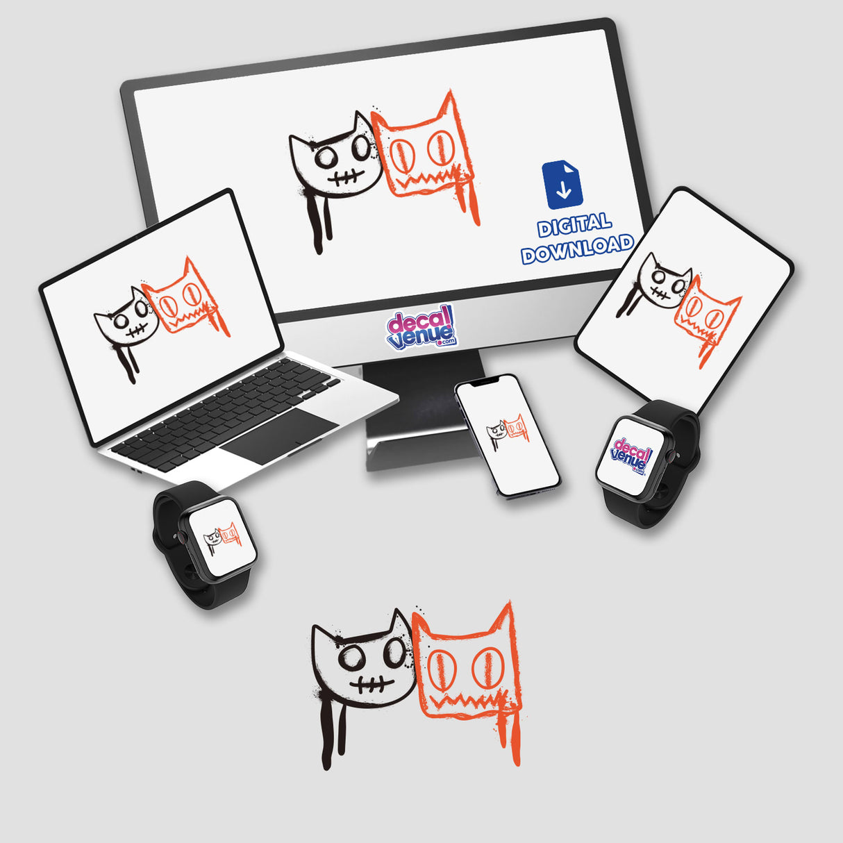 Black and orange splat cats stickers or digital artwork displayed on a computer monitor, laptop, tablet, and smartwatch, featuring whimsical cartoon cat illustrations.