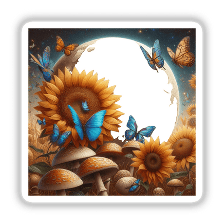 Painting titled Luna featuring butterflies and sunflowers, available as stickers or digital artwork.