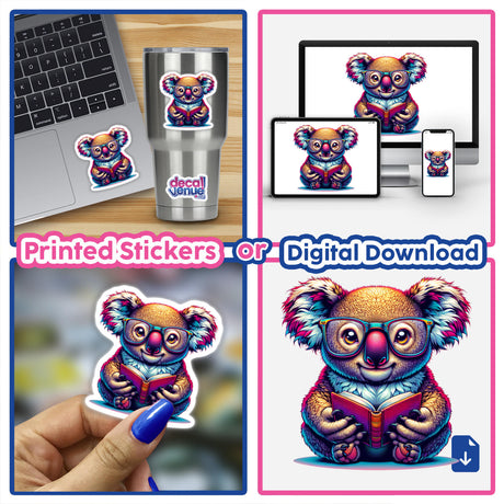 Koala With Reading Glasses Open Book sticker, featuring a cartoon koala engrossed in reading. Perfect for laptops or cups, available as a unique vinyl sticker or digital artwork.