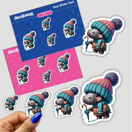 Hippo Gnome with Umbrella - detailed digital art stickers pack featuring a hippo wearing a cozy hat and scarf, available as vinyl Stickers and digital artwork.