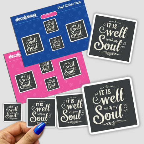 Hand holding It Is Well with My Soul Typography Art Sticker or Clipart with Commercial Rights, showcasing a sticker pack with white text on a black background.