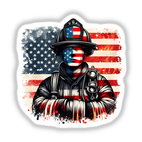 Patriotic American firefighter illustration against a US flag background