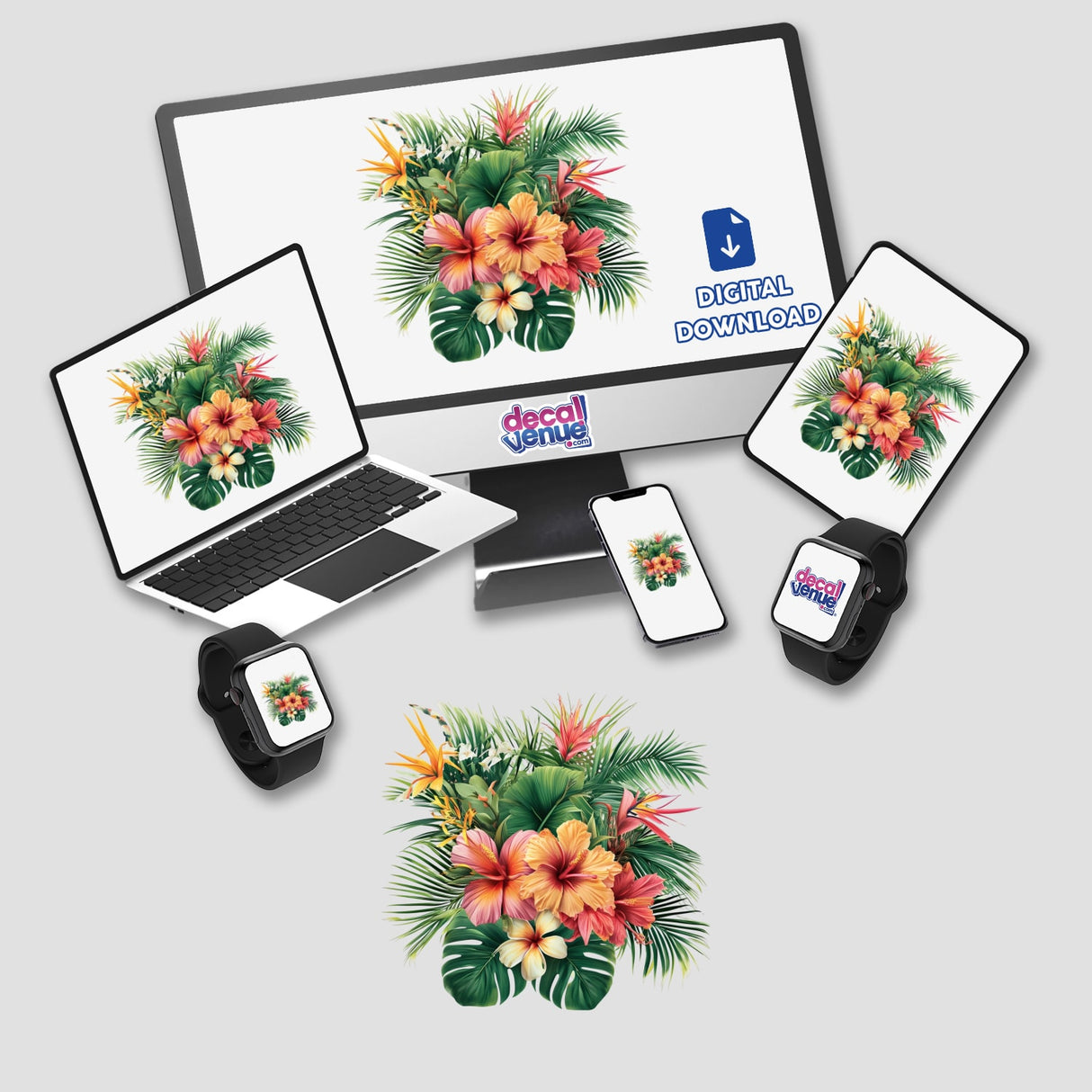 Tropical Flora Hibiscus Bouquet displayed on a computer monitor and laptop screen, available as stickers or digital artwork.