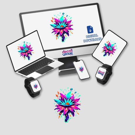 A computer monitor and laptop display A Colorful Spring Flower, highlighting vibrant floral digital artwork available as stickers or digital downloads, reflecting Decal Venue's unique artistic offerings.