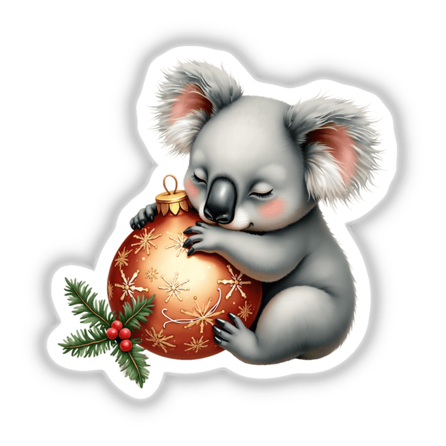 Koala Sleeping on Christmas Ornament: A charming illustration of a koala bear peacefully embracing a Christmas ornament, available as unique stickers or digital artwork from Decal Venue.