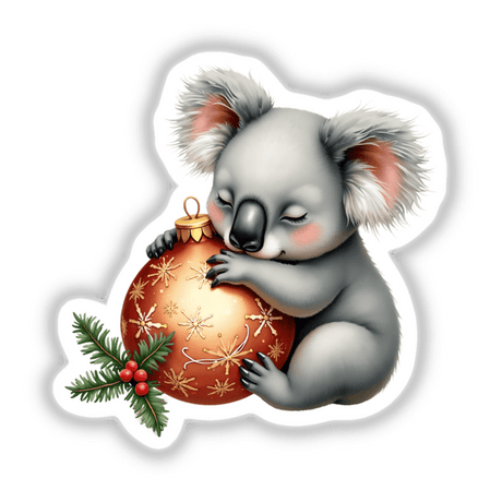 Koala Sleeping on Christmas Ornament: A charming illustration of a koala bear peacefully embracing a Christmas ornament, available as unique stickers or digital artwork from Decal Venue.